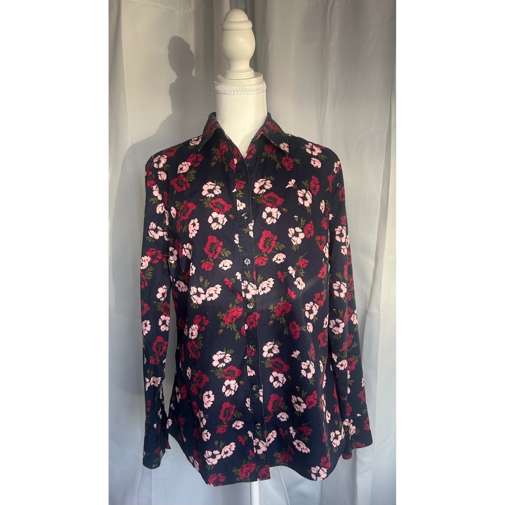 Lands End No Iron Supima Cotton Floral Shirt Tall 10T Navy Pink  Button Down . 8